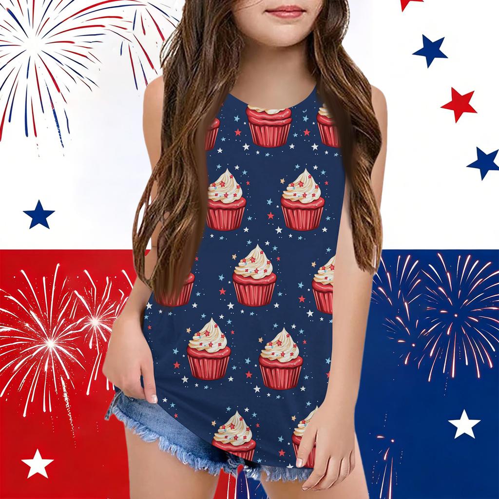 Girls  Kids Summer Crewneck Sleeveless Shirts Tank Tops Independence Day