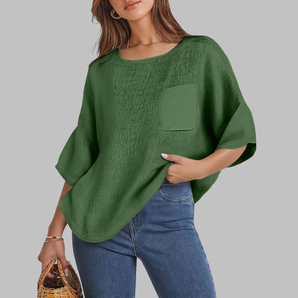 Women's Casual Loose-Fit Linen 3/4 Sleeve Top