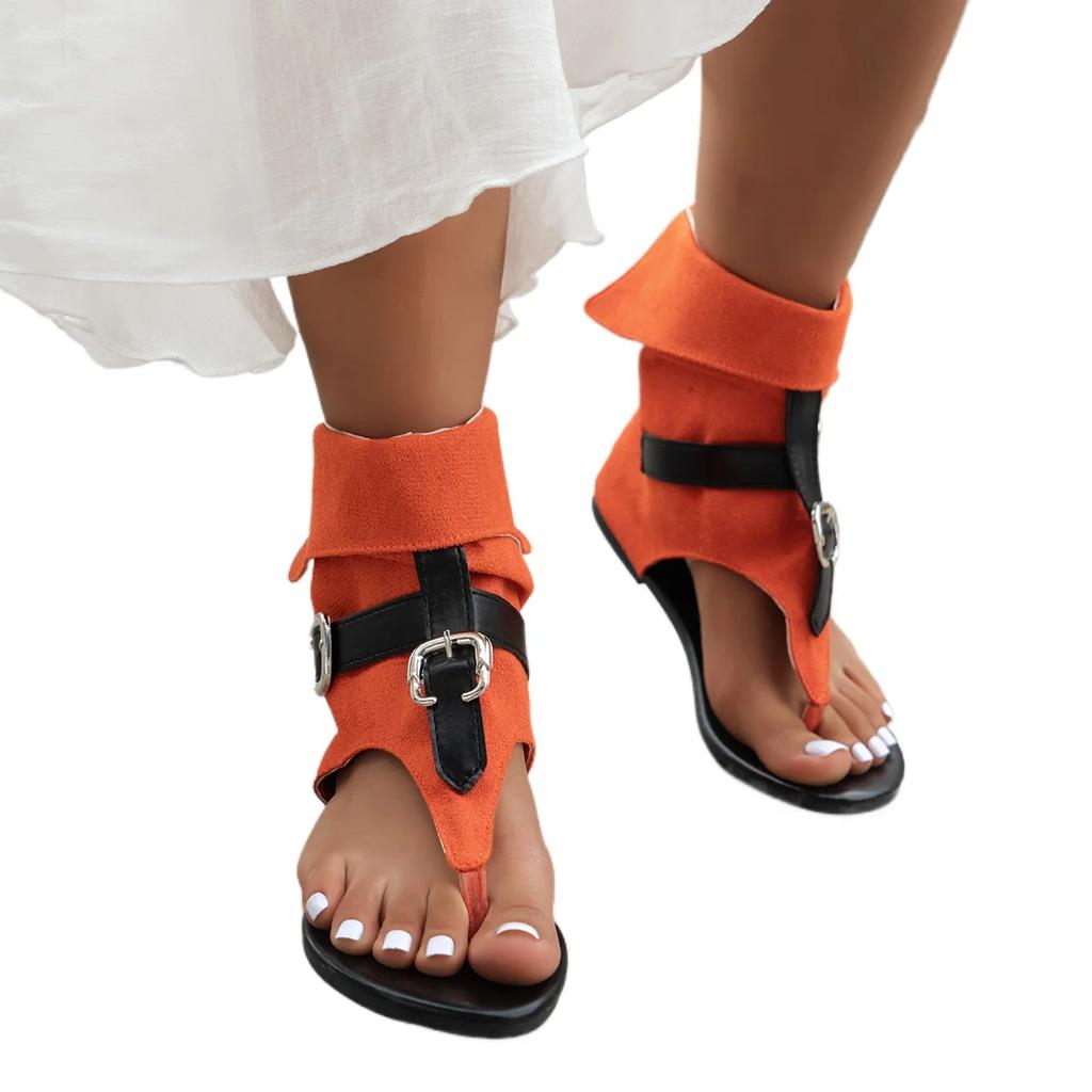 New Summer Clip Toe Roman Sandals Denim Belt Buckle Large Size High Top Flat Boots Women Dressy Casual Sandals