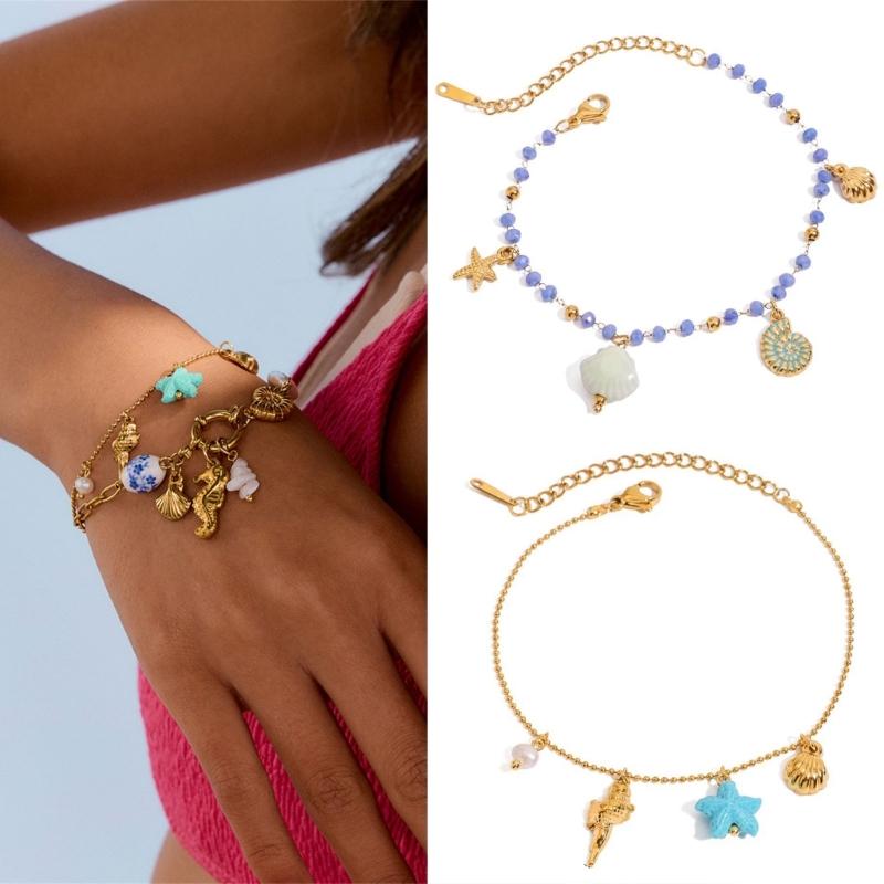 Adjustable Oceanic Starfish Shell Charm Bracelet Stainless Steel Acrylic Pearls Accent Pendant Wrist Chain Jewelry