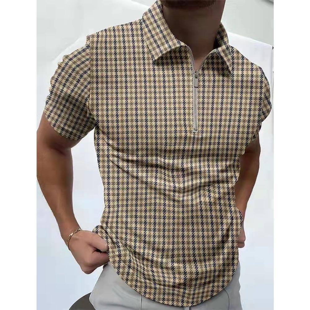 Summer Men's Casual Fashion Zipper Polos Digital Printed Stripe Plaid Pattern Mens Polo Shirts with Short Sleeve Men Clothing
