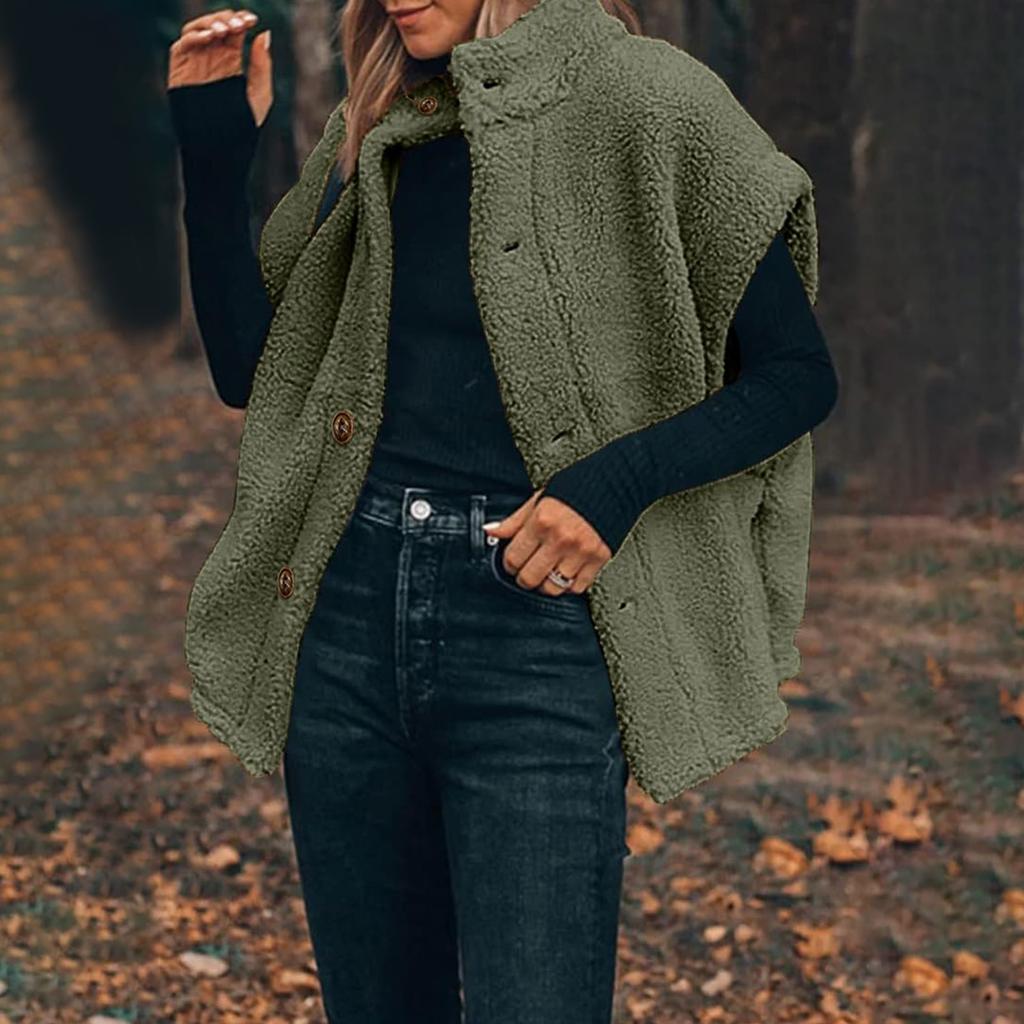 Damen Flauschige Fleeceweste, lässige, übergroße, warme Weste mit Knopfleiste und Taschen