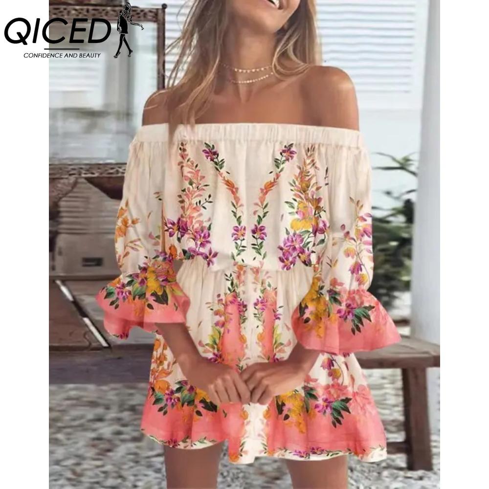 QICED Women Floral Print Mini Dress Summer Sexy Off Shoulder Flare Sleeve Tunic Dress Female Casual Boho Beach Dress