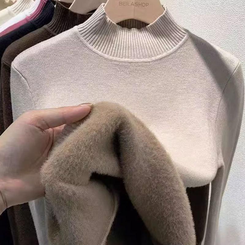Autumn and Winter New Semi-turtleneck Fleece Sweater Bottoming Shirt Women's Integrated Fleece Thickened, Warm and Slim, Knitted Inside