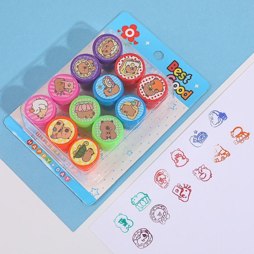 12PCS/Set Plastic Self-ink Seal Capybara Patterns Photo Album Stamp Graffiti Stamped Toys  Students