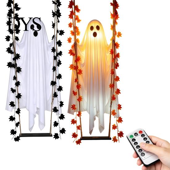 Indoor Outdoor Halloween Decor Hanging Swing Ghost Decoration with Maple Leaf, LED Lighted Large Spooky Swinging Remote Control for Porch Yard