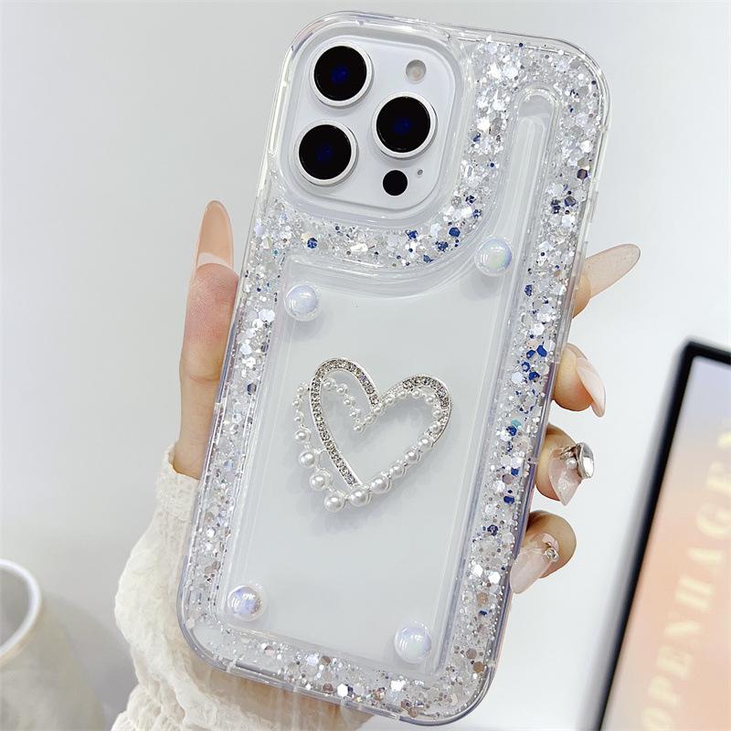 Heart-Shaped Glitter Rhinestone Transparent iPhone 16 Case, Compatible with Models 11-15 iPhone 16 Plus