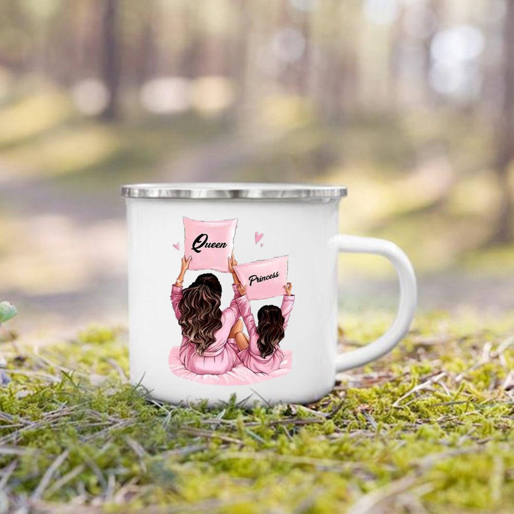 Queen and Princess Print Enamel Mug Family Matching Coffee Cup Camping Mug Festive Mothers Day Birthday Gift for Mom or Daughter 360ml