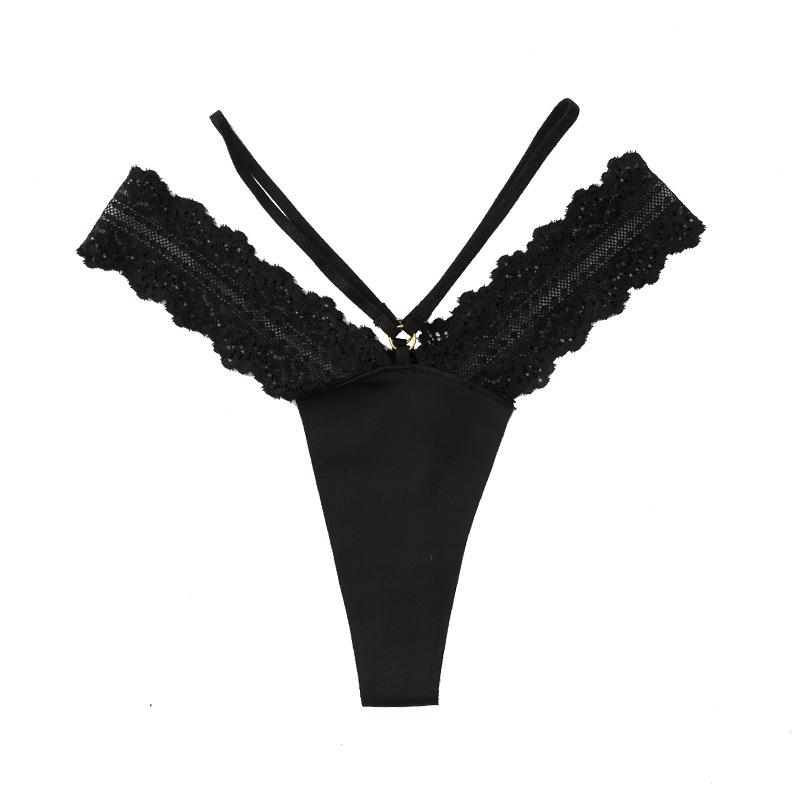 

Бесшовные трусики-стринги из ледяного шелка и французского кружева - Сексуальные Т-образные трусики на тонких бретельках для женщин Medium чёрный