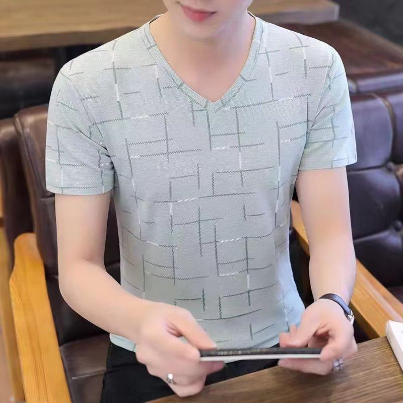 2024 Ice Sensation Round Neck Short Sleeved T-shirt Men Summer V-neck Thin Style Commerce Breathable Ice Shreds Comfortable Tops