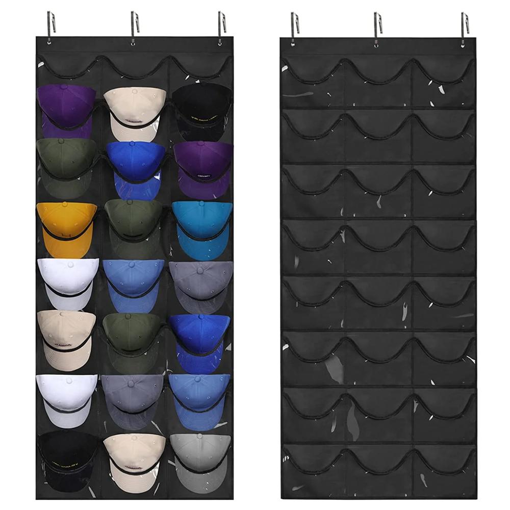 T1 Baseball Hat Rack for Wall Door, Visible Hat Holder with 3 Hooks and 24 Deep Pockets, 1 Piece