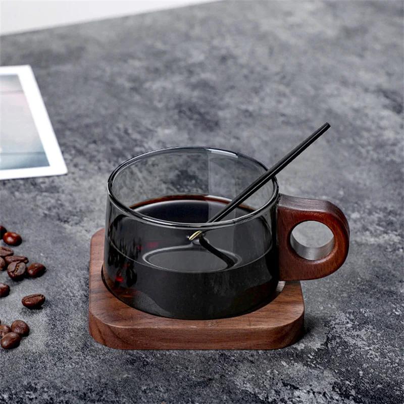 200ml American Latte Glass Coffee Mug With Wooden Tray Handle High Borosilicate Milk Tea Cup Fresh Ground Coffee Cup Set