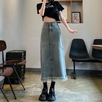 Spring and Summer Mid-length A-line Slit Covers The Hips and Makes You Look Slim Denim Tassel Skirt