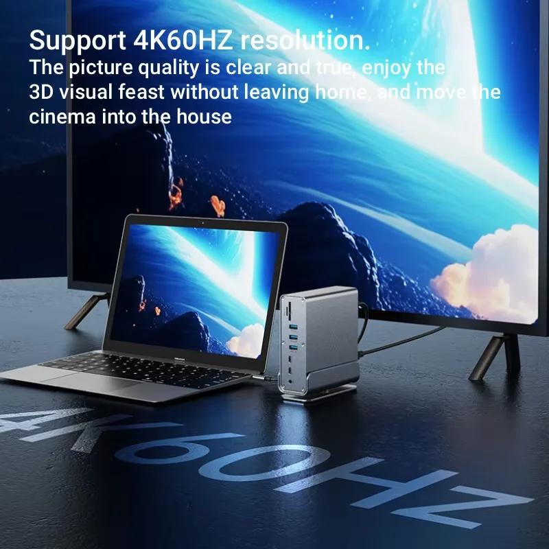 15 In 1 USB-C Docking Station Type-C 4K60Hz HUB With HDTV PD 100W USB 3.0 SD/TF RJ45 1000M 3.5 mm Audio For Laptop