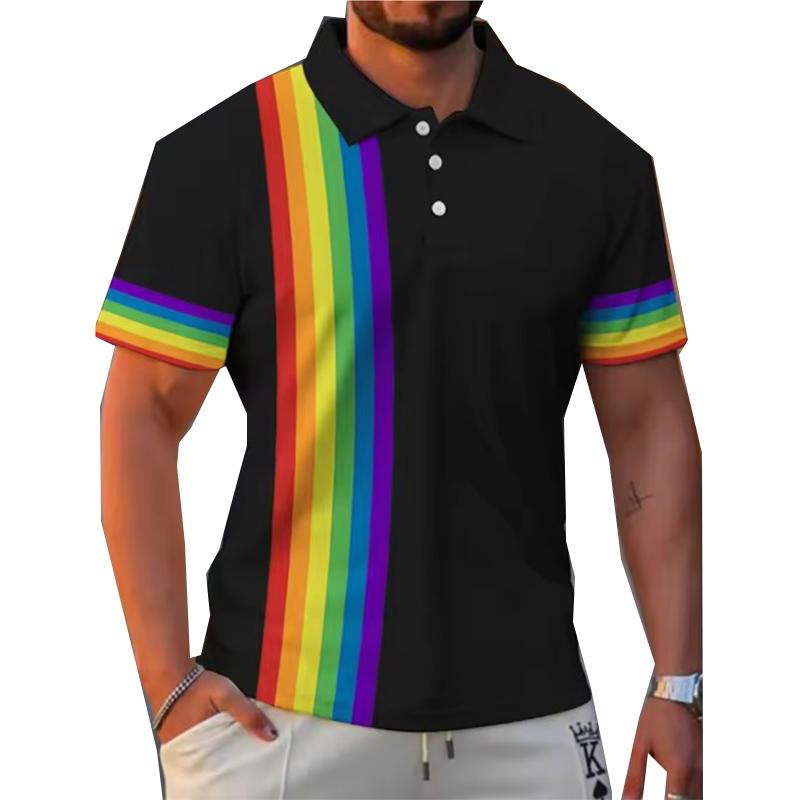 Men’s Lapel Polo Shirt Vertical Rainbow Stripe Print and Cuff Rainbow‑Band Design Summer Short‑Sleeve Casual Business Daily Tops S