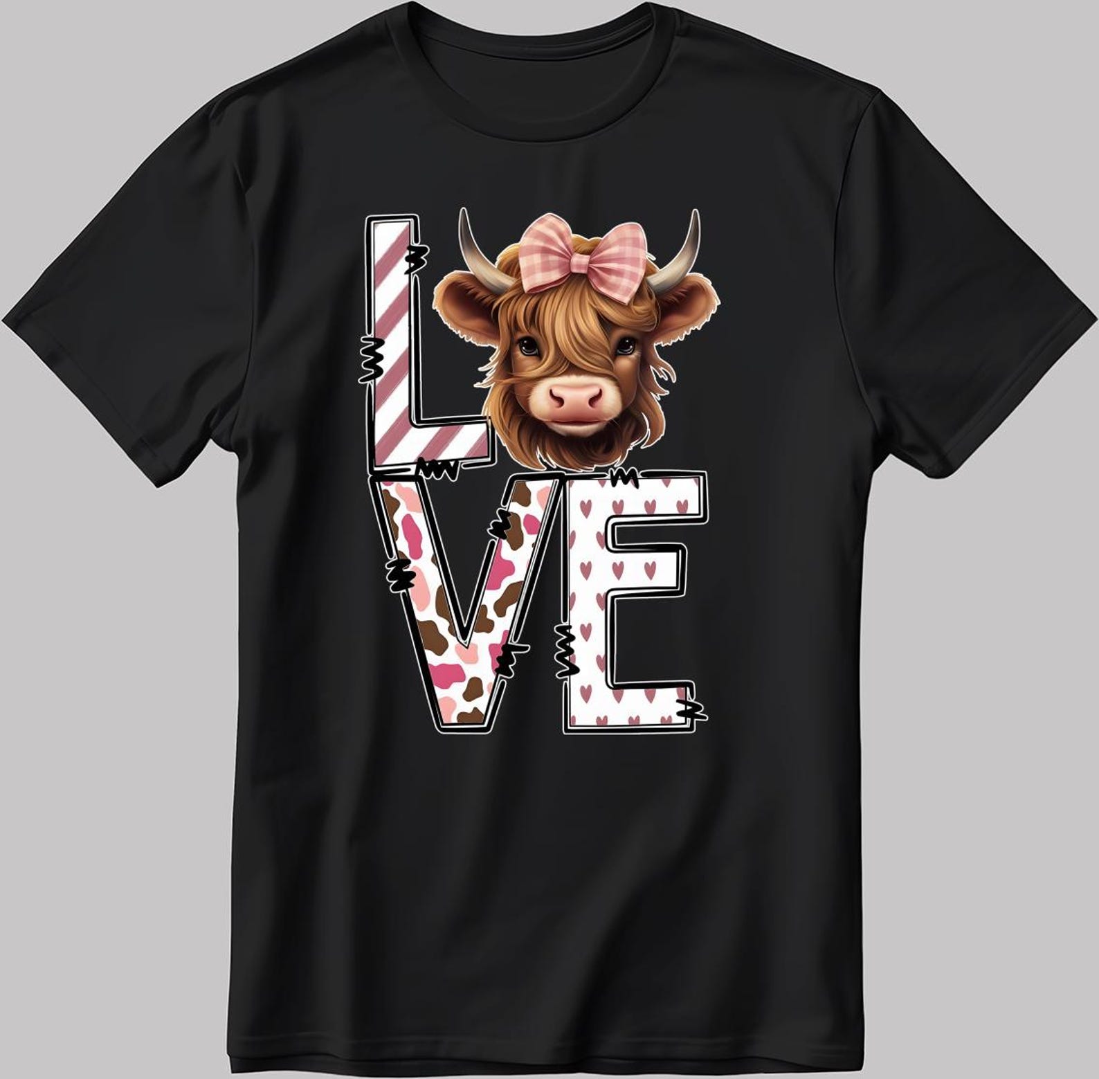 Pink Bow Highland Cow LOVE Short Sleeve T-Shirt Men / Woman KA109 3XL