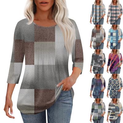 Femeii moda casual plisată guler rotund casual imprimat mânecă trei sferturi tricou top