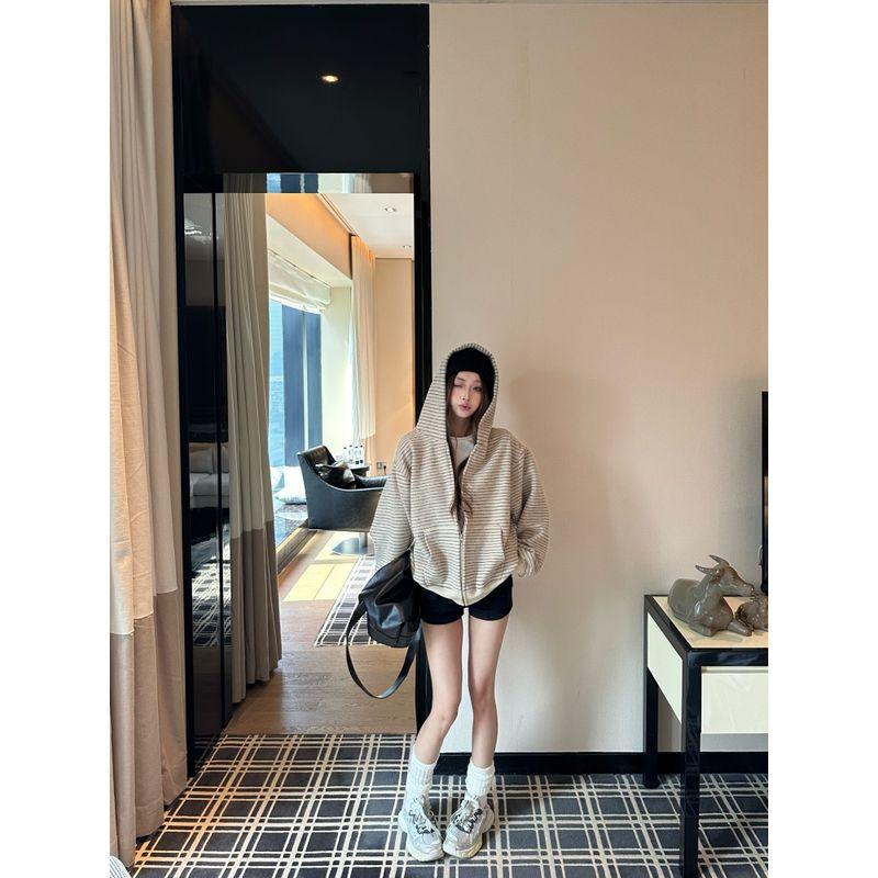 Korean Style Idle Style Contrast Color Stripes Hooded Zipper Sweatshirt Outwear Women's Autumn Minority All-Match Loose Slim Looking Tops