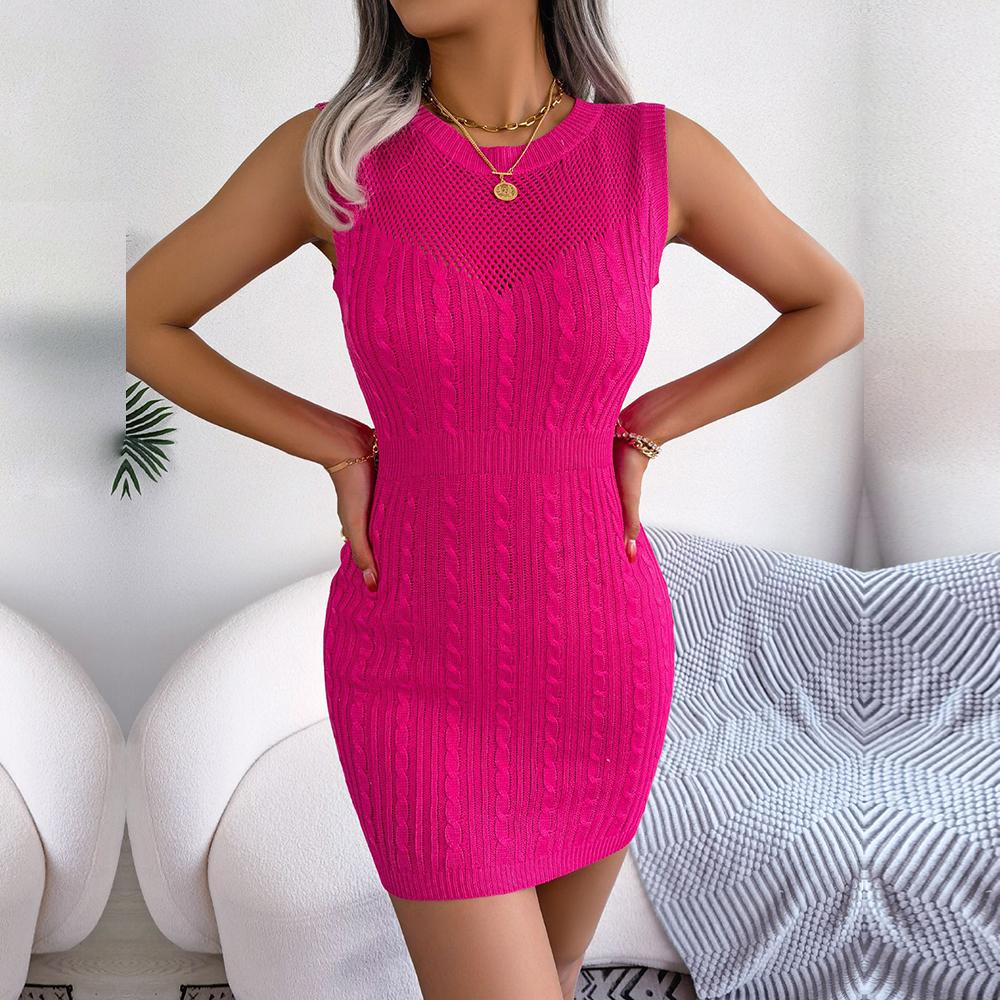 Women's Spring Summer Halter Neck Hollow High Waist Knit Wrap Hip Solid Color Dress