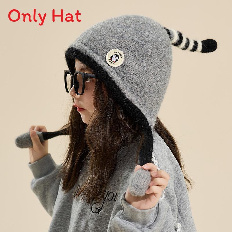 Childrens Street Style Wool Beanie With Cartoon Penguin For Cold Weather Comfort серый