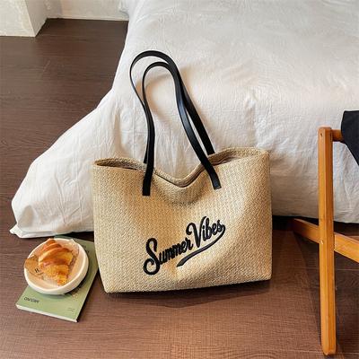 Large Capacity Straw Shoulder Bag Women's Crossbody Bag Letters Hand Tote Bag
