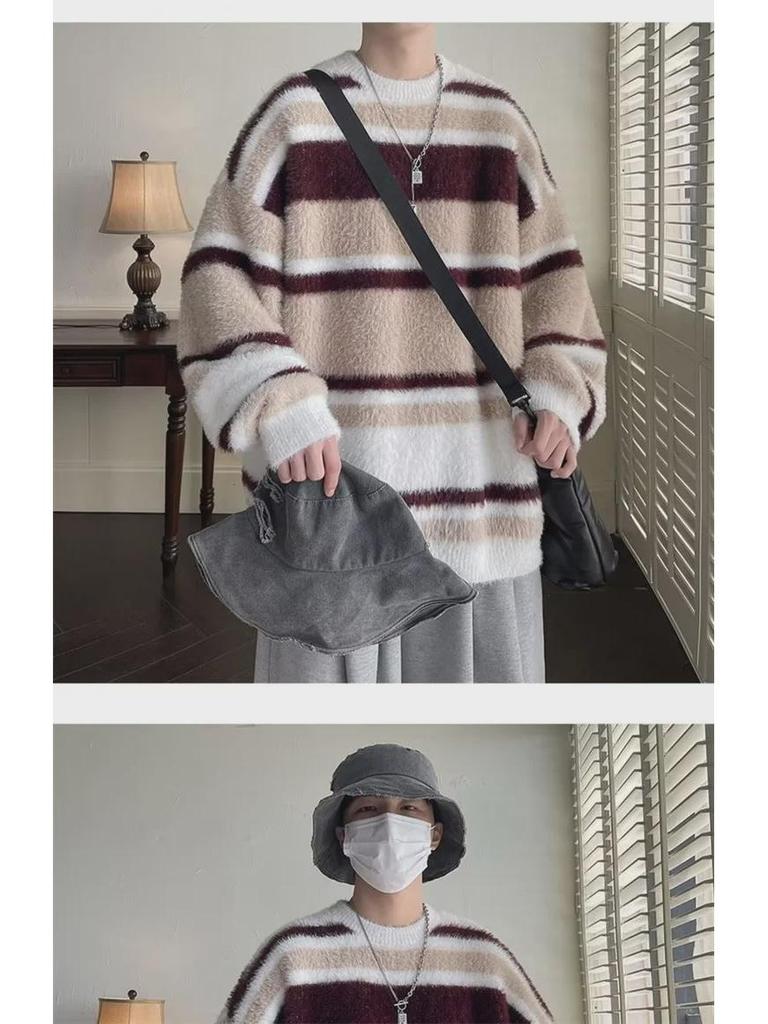 Pulover Bărbătesc Oversized cu Dungi din Mohair – Moale, Gros, la Modă și Perfect pentru Iarnă.