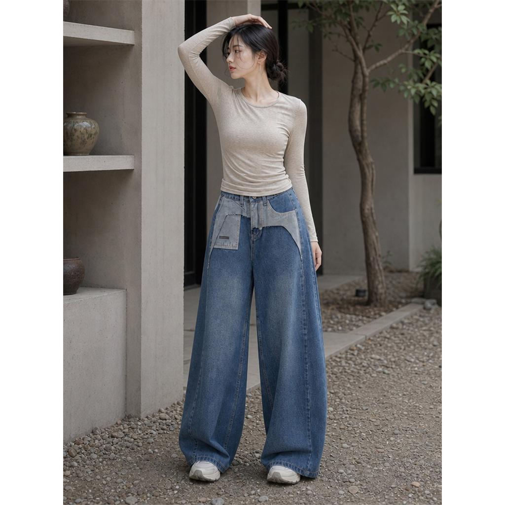 Retro Splicing High Waist Wide Leg Jeans Women's New Thin and High Loose Straight Mopping Trousers Tide