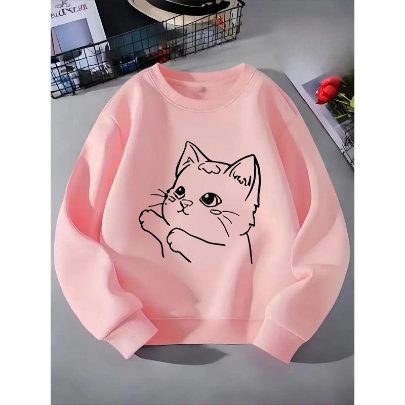 Kids Crewneck Sweatshirt, Minimalist Cat Face Line Sketch Graphic Print,Spring Autumn Casual Sport Tops
