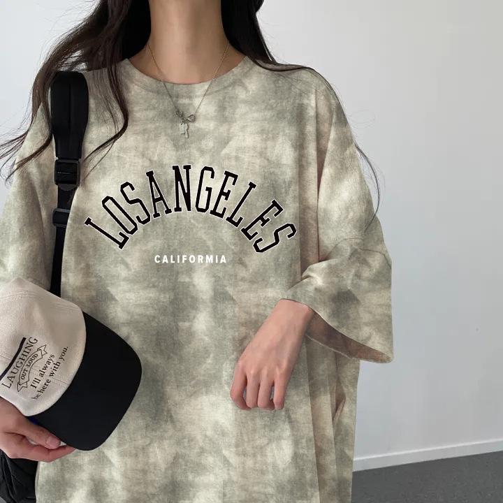 Plus Size Tie-Dye Mid-Length Casual Short-Sleeve Dress - Japanese Korean Style Summer Women's T-Shirt Dress