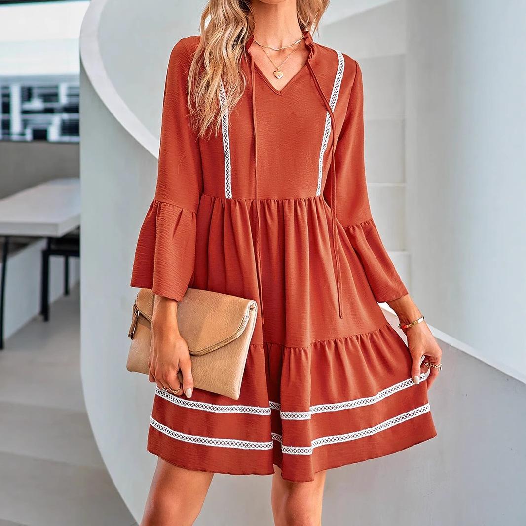 

весна лето простой повседневный свободный мини-платье V-образный вырез плиссированные рукава до локтя кружевные платья y2k платье женская одежда vestidos de mujer XXL