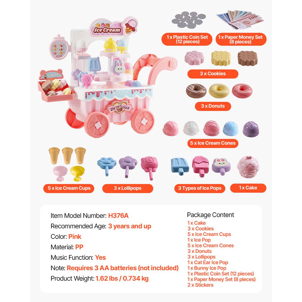 SucceBuy Pink Kids Ice Cream Cart Pretend Play Store Dolly with Sound & Light Effect Montessori Educational Toys for Children