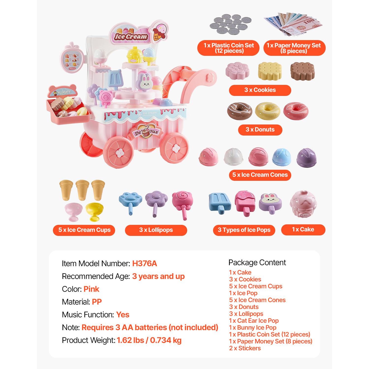 

SucceBuy Pink Kids Ice Cream Cart Pretend Play Store Dolly with Sound & Light Effect Montessori Educational Toys for Children розовый