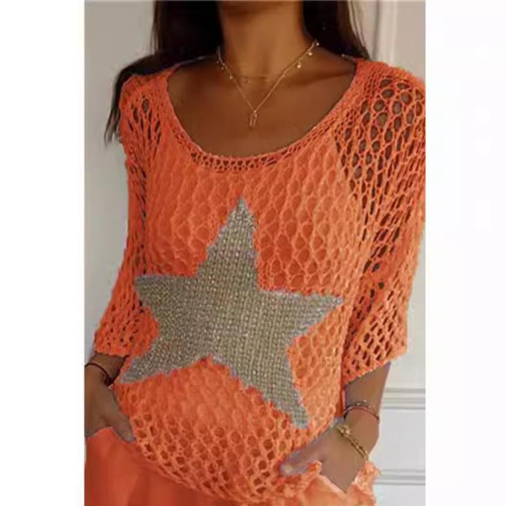 Women's Sweater Loose Hollow Knit Star Cardigan Round Neck Sun Shirt Summer Swimsuit Cover Up