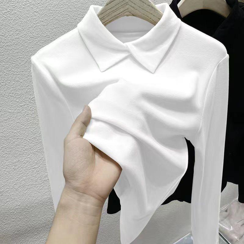 

Осень и Зима Женская Двусторонняя Бархатная Базовая Рубашка Мягкая Приятная к Коже Базовая Рубашка с Воротником Поло Приталенный Крой Теплый Однотонный Эластичный Пуловер Топ XL белый