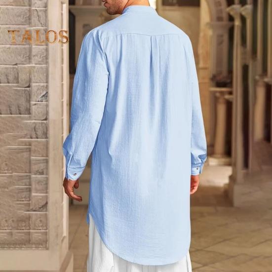 Men's Cotton Linen Kaftan Long Sleeve O-Neck Robe Solid Color Button-up Collar Thobe Breathable Arabic Clothing for Prayers Casual Wear