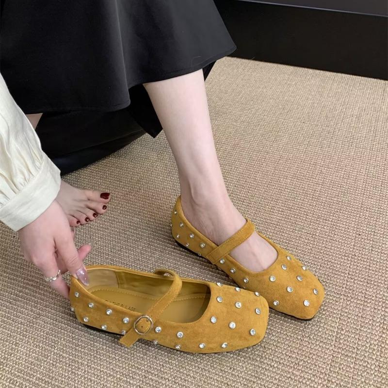 Fashion Single Shoe Spring New Square Head Shallow Mouth Crystal Flannelette Word with Soft Sole Anti-slip Wear-resistant Flat Shoes
