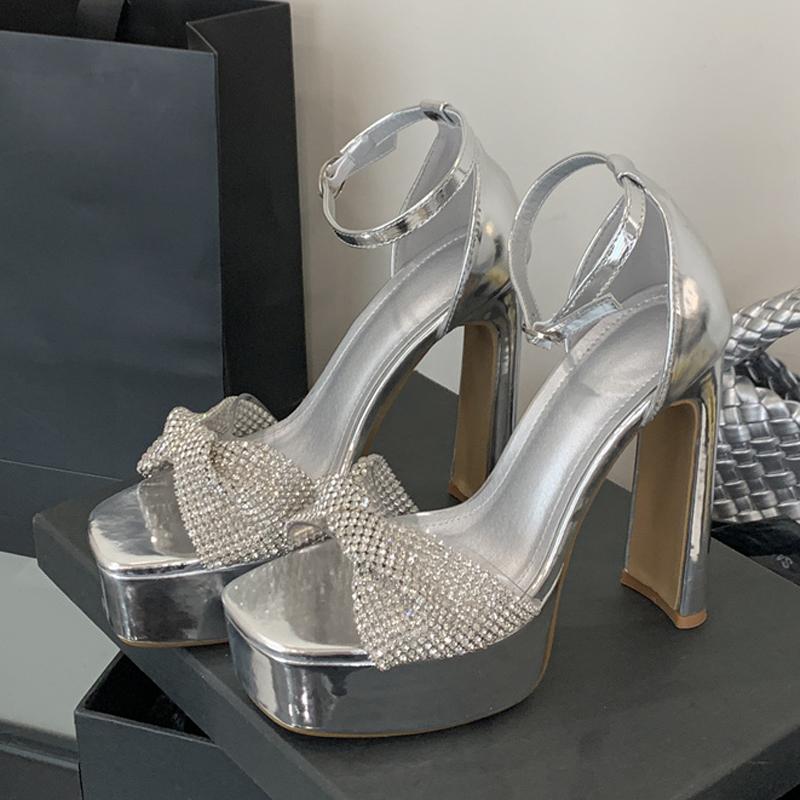 Fashion Design Pleated Crystal Rhinestone PVC Women 13CM High Heels Platform Sandals Elegant Square Toe Wedding Prom Shoes