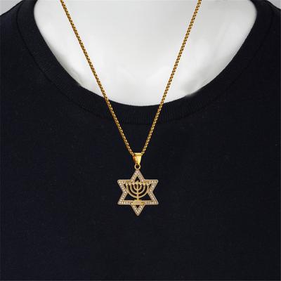 Collana Chanukah Hip Hop Iced Out Stella di David Portacandele Ciondolo Colore Oro Acciaio Inossidabile per Uomo Je Gioiello Regalo
