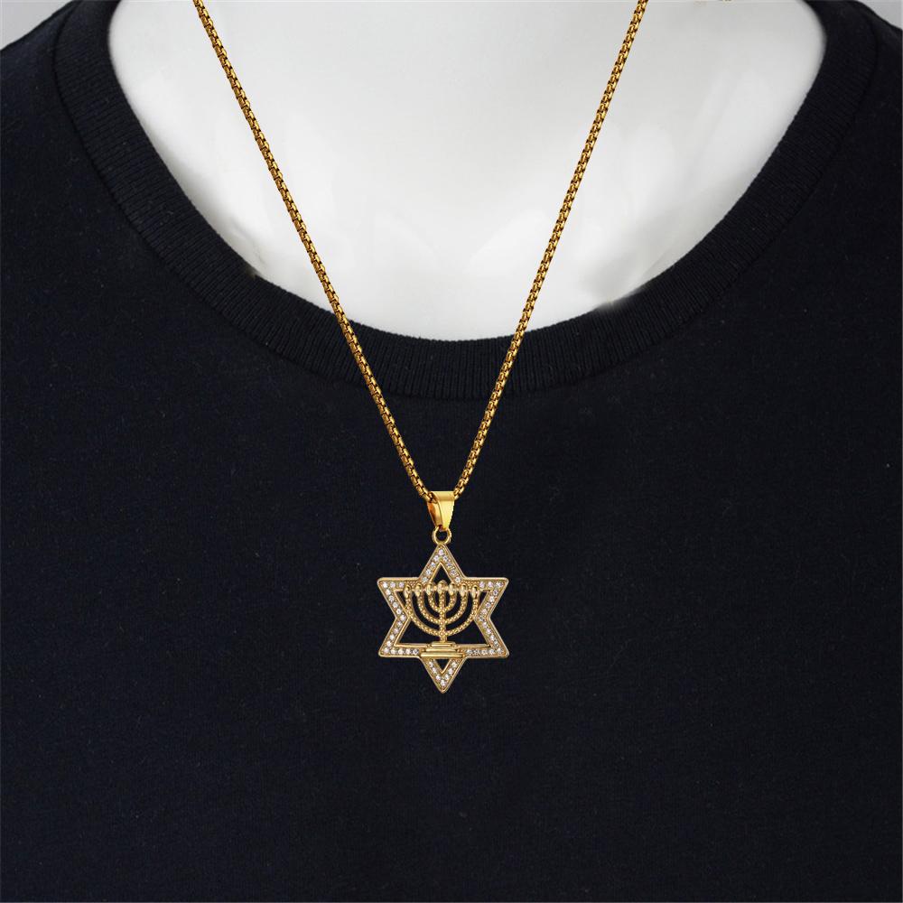 Hip Hop Iced Out Star Of David Candlestick Pendant Gold Color Stainless Steel Chanukah Necklace for Men Je Jewelry Gift