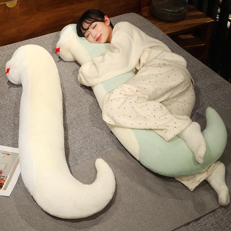 S-Shaped Green and White Snake Plush Pillow - Leg-Clamping Side Sleeper and Backrest Pillow