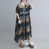 Women Cotton and Linen Dress Vintage Plaid Print O Neck Half Sleeves Side Pockets Robes Casual