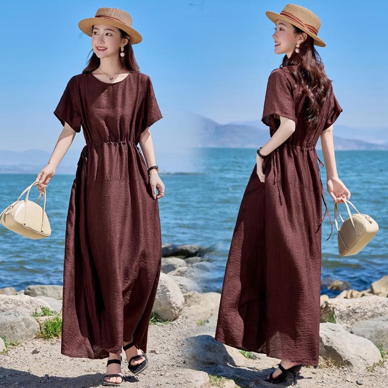 2025 Summer Loose Women's Round Neck Short Sleeve Slimming Long Dress