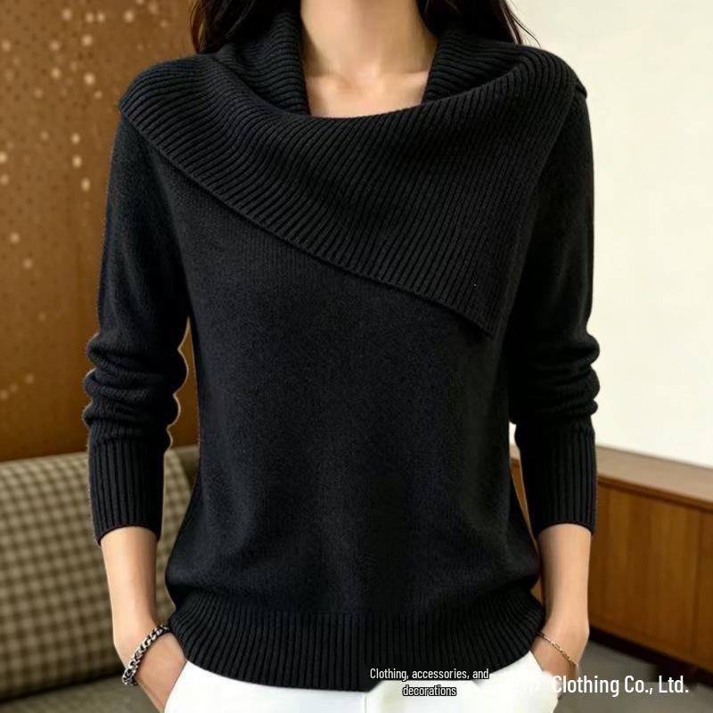 Asymmetrical Lapel Knit Sweater - Solid Color, Slim Fit, Versatile Long Sleeve Wool Sweater for Women