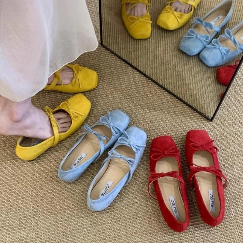 Women's Mary Jane Shoes Square Toe Bow Flannel Shallow Mouth Shoes Women Dress Increase Internal Height 2025 Zapatillas De Mujer