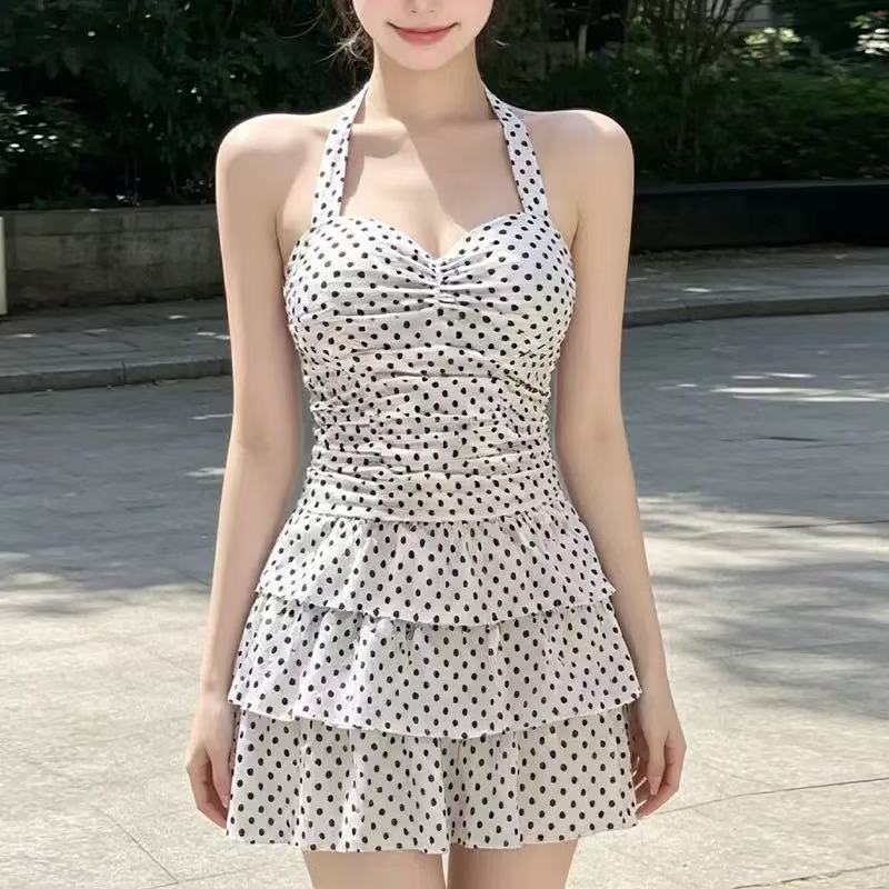 New Neck Skirt Swimsuit Women's Polka Dot Pure Desire Storm Point Hot Spring Backless and Thin Sexy Seaside Swimsuit