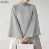 ZANZEA Blouse ample décontractée à manches longues évasées et col montant pour femmes