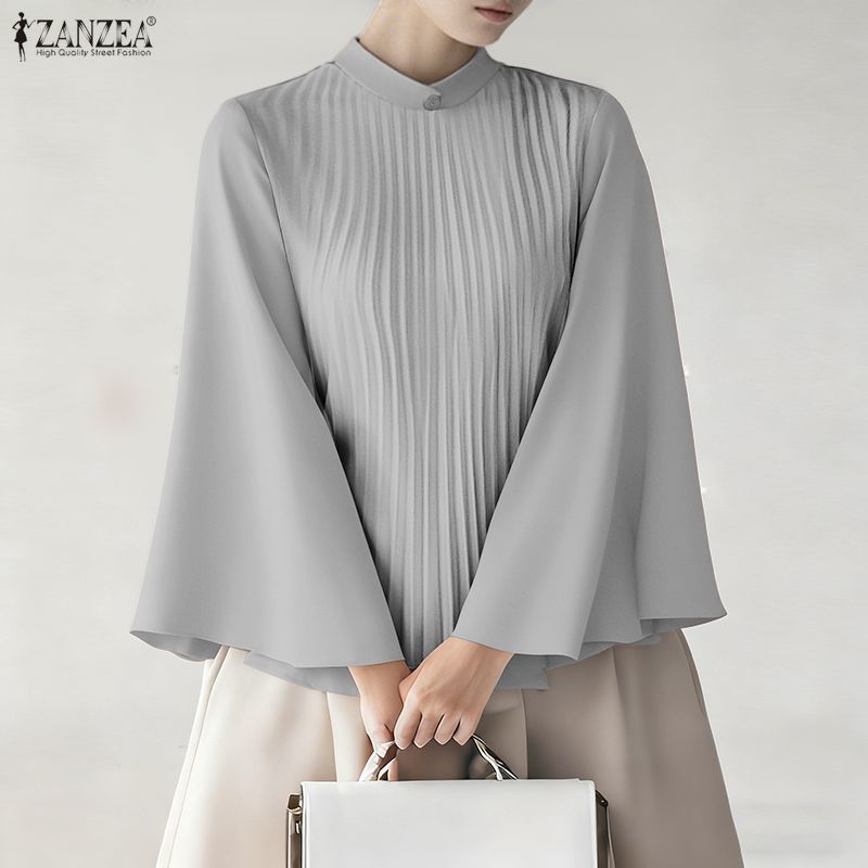 ZANZEA Blouse ample décontractée à manches longues évasées et col montant pour femmes