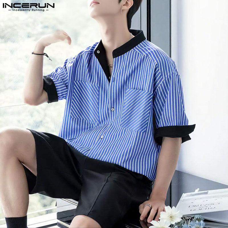 INCERUN Men Collarless Short Sleeve Stitching Striped Casual Shirts Tops