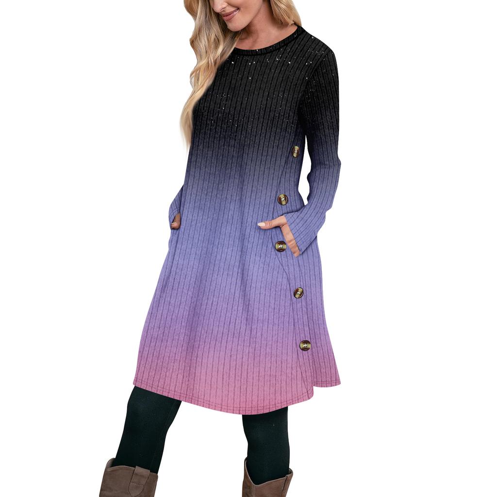 Women's Fashion Casual Long SleeveTunic Dress With Pockets Side Button Dress
