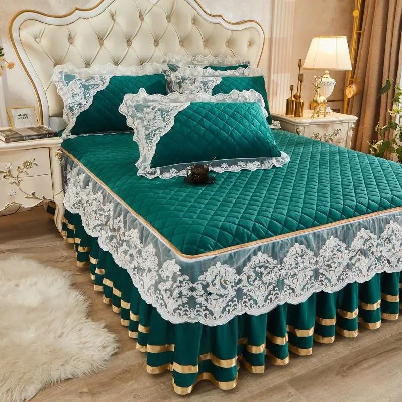Toamnă și iarnă Fustă de pat din lână caldă, din bumbac, căptușită, husă de pat îngroșată, stil prințesă, husă de pat antiderapante
